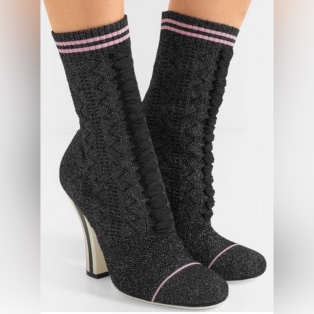 Fendi Black Knit Sock Ankle Boots with Pink Trim